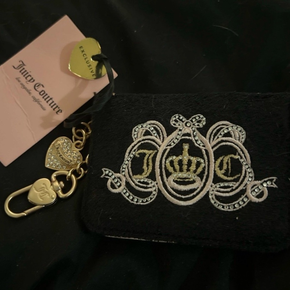 Juicy Couture Black Embroidered Crown Card & Key Holder with Gold Charm